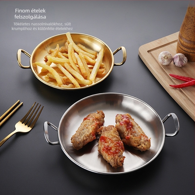 304 rozsdamentes acél kétfülű grills tál, koreai stílusú, vastagított, kör snack tál