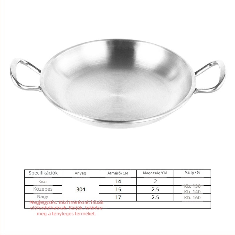 304 rozsdamentes acél kétfülű grills tál, koreai stílusú, vastagított, kör snack tál