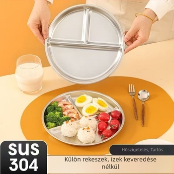 304 rozsdamentes acél osztott ebédtál, iskolai menzára, gyerekeknek, kör alakú, mikrohullámú sütőben használható