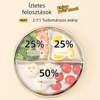 304 rozsdamentes acél osztott ebédtál, iskolai menzára, gyerekeknek, kör alakú, mikrohullámú sütőben használható
