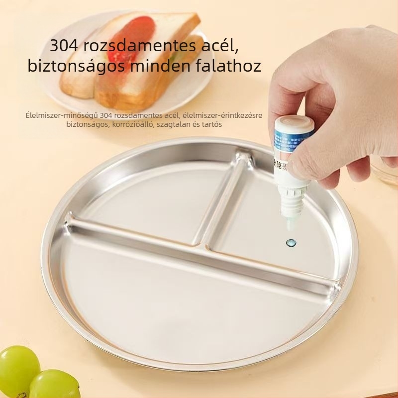 304 rozsdamentes acél osztott ebédtál, iskolai menzára, gyerekeknek, kör alakú, mikrohullámú sütőben használható