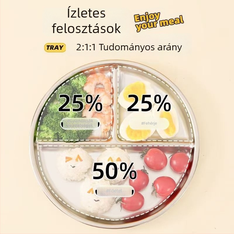 304 rozsdamentes acél osztott ebédtál, iskolai menzára, gyerekeknek, kör alakú, mikrohullámú sütőben használható