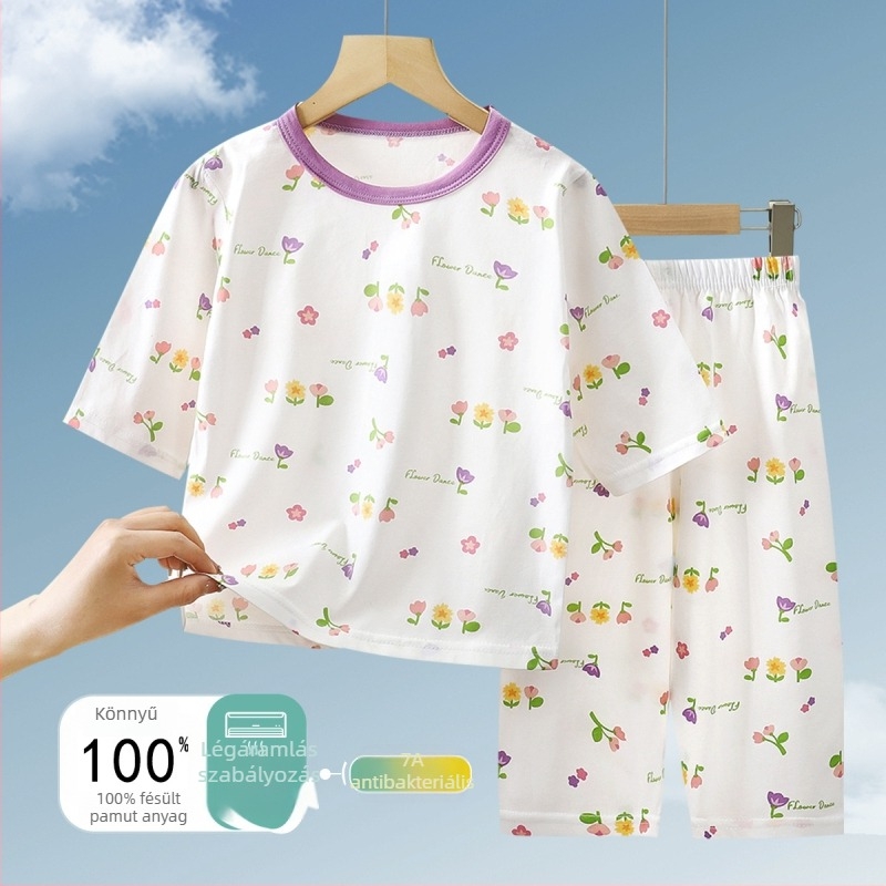 Gyermekeknek készült könnyű pamut pizsamaszett, 7A antibakteriális, rövid ujjú, rövidnadrágos