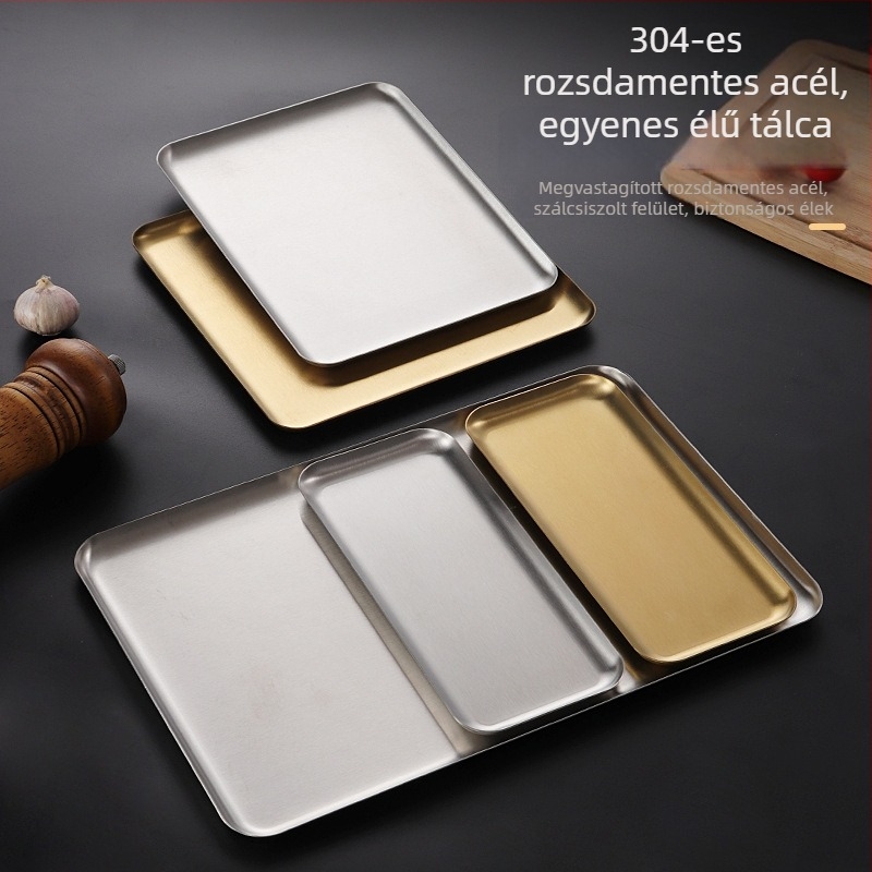 304 rozsdamentes acél négyszögletes tál, koreai stílusú barbecue tál, arany színű tál, snack és ékszer tál