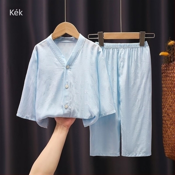 Gyerekeknek készített könnyű jacquard pamut pizsama elöl gombos, hosszú ujjú, fiúknak és lányoknak