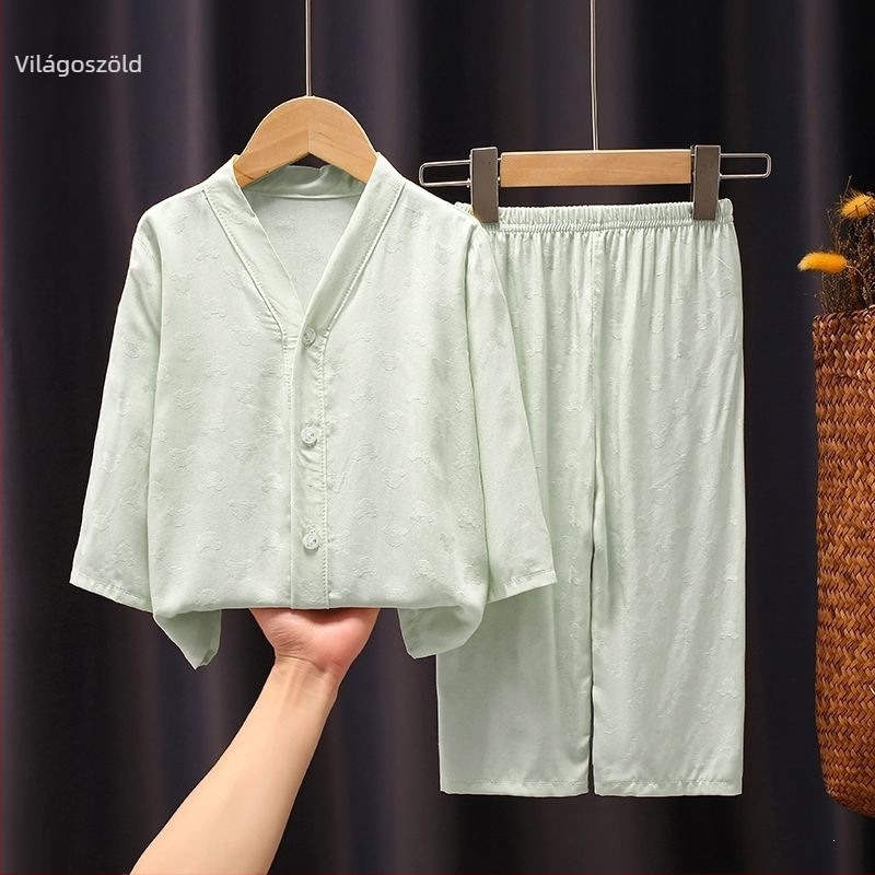 Gyerekeknek készített könnyű jacquard pamut pizsama elöl gombos, hosszú ujjú, fiúknak és lányoknak