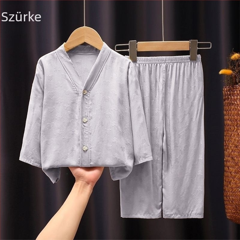 Gyerekeknek készített könnyű jacquard pamut pizsama elöl gombos, hosszú ujjú, fiúknak és lányoknak