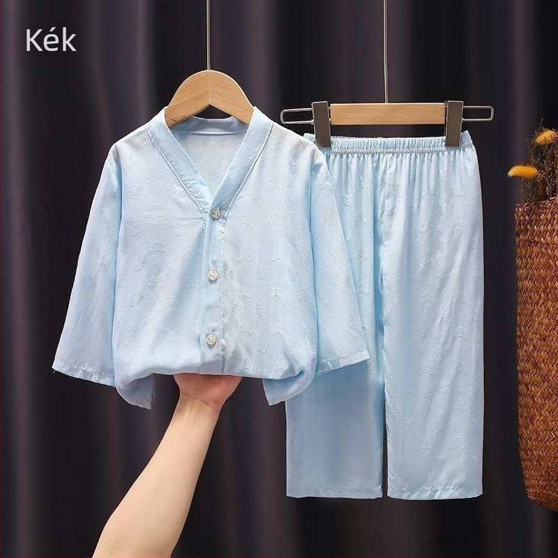 Gyerekeknek készített könnyű jacquard pamut pizsama elöl gombos, hosszú ujjú, fiúknak és lányoknak