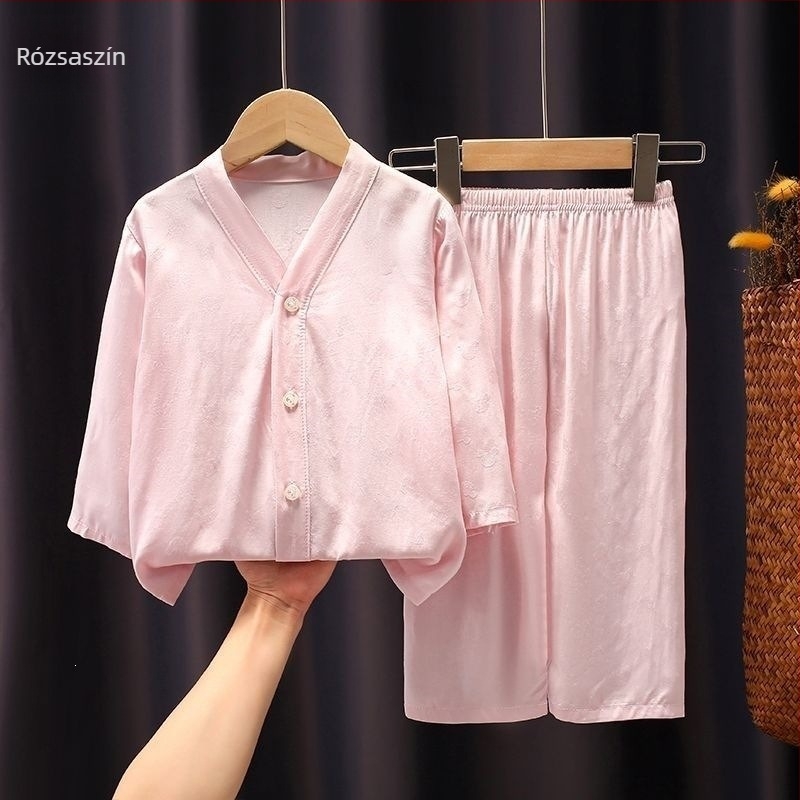 Gyerekeknek készített könnyű jacquard pamut pizsama elöl gombos, hosszú ujjú, fiúknak és lányoknak