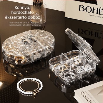 Átlátszó ékszertartó doboz osztott rekeszekkel fülbevalók, gyűrűk és nyakékek számára