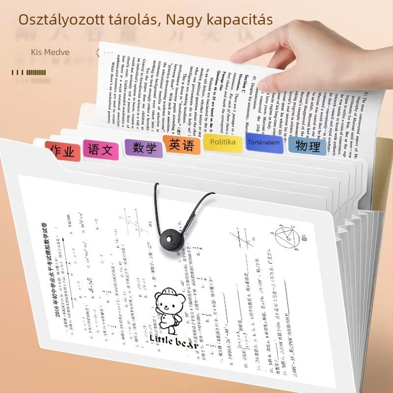 A4-es többoldalas diákoknak szánt mappa, átlátszó osztályozó zsebekkel, vizsgákhoz, harmonika típusú szervező