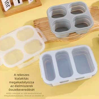 Élelmiszer-minőségű szilikon ebédes doboz, összecsukható négy rekesz, alkalmas kempingezéshez és piknikezéshez, megőrzi a frissességet, ellenáll a magas hőmérsékleteknek