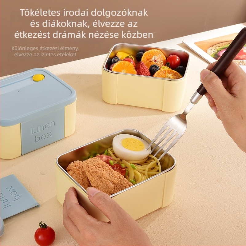 Zárt négyszögletes ebédes doboz, mikrohullámú sütőben használható, 304 rozsdamentes acélból, fedéllel hordozható ételtároló rekeszekkel.