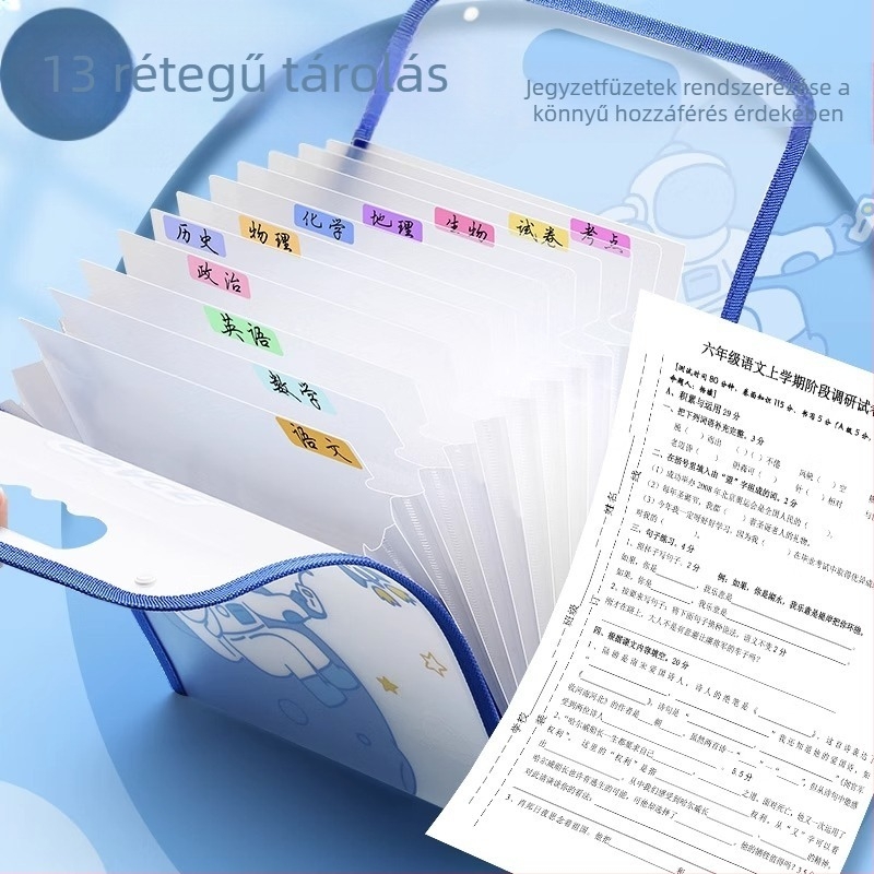 Hordozható vizsgadolgozat szervező több rekesszel tantárgyanként, nagy kapacitású, kézben hordható, általános iskolásoknak