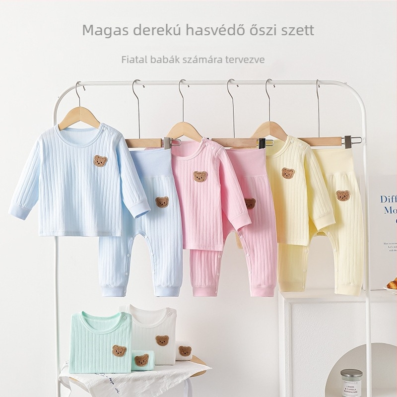 Baba 100% pamut őszi-tavaszi két részes szett: hosszú ujjú felső és nadrág, magas derékú hasvédővel, otthoni viselet