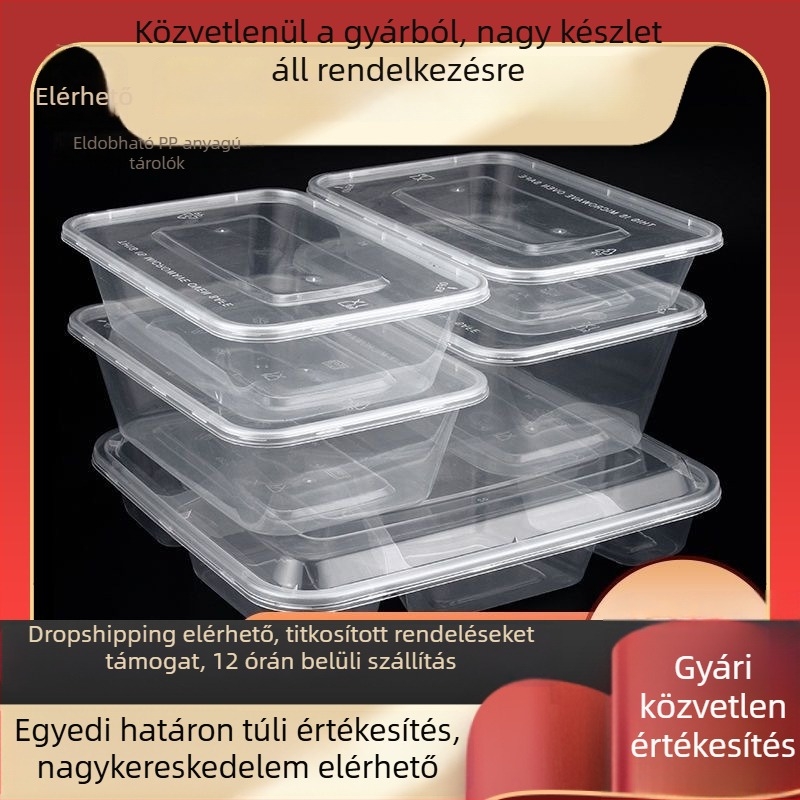 Átlátható egyszer használatos ételhordó doboz, téglalap- és kör alakú formával, vastag falú műanyag, ételrendelésekhez és gyümölcsök frissességének megőrzéséhez