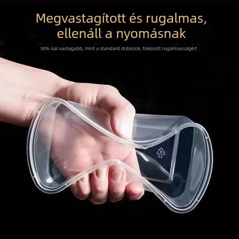Átlátható egyszer használatos ételhordó doboz, téglalap- és kör alakú formával, vastag falú műanyag, ételrendelésekhez és gyümölcsök frissességének megőrzéséhez