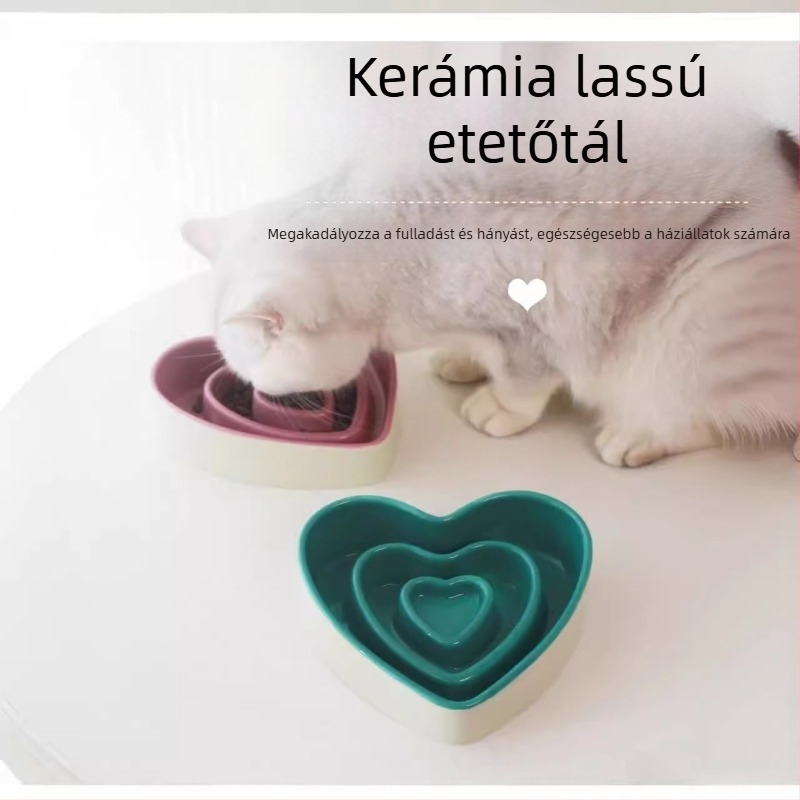 Kerámiás lassú etető tál kis testű kutyáknak, fulladás elleni, kiöntés elleni, szív alakú etetőtál, védi a nyakat