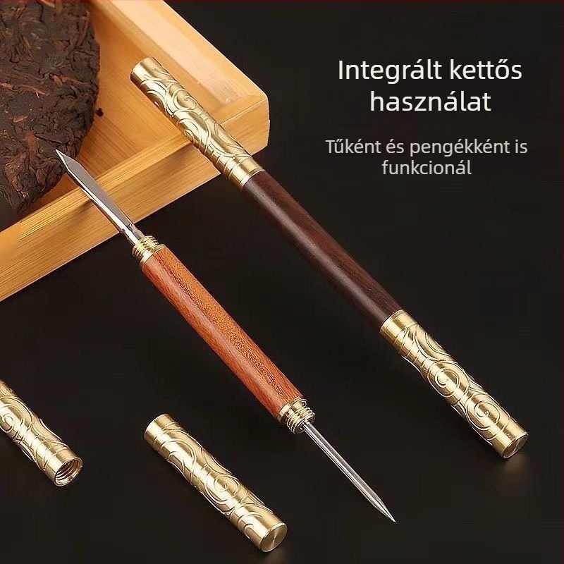 Pu-Erh teás kés és tű készlet, bronz kétfejű eszköz, arany gyűrű, ebony és rosewood teakonus, kettős használatú teáskészlet kiegészítők a teakek és téglák felnyitásához