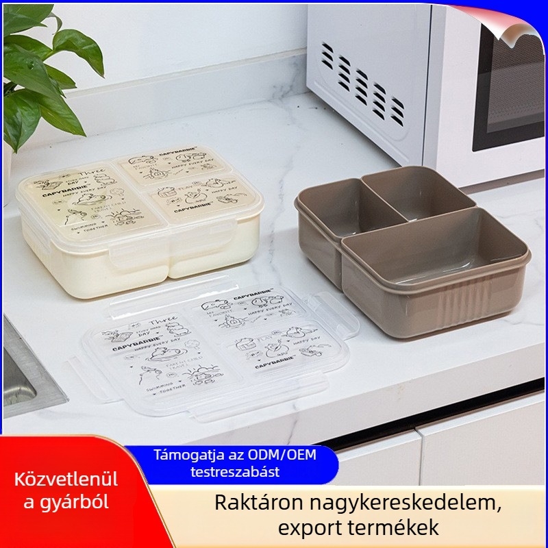 Háromrekeszes ebédes doboz, műanyag, zárható, mikrohullámú sütőben használható, fedéllel, 1–2 L, diákoknak és irodai dolgozóknak