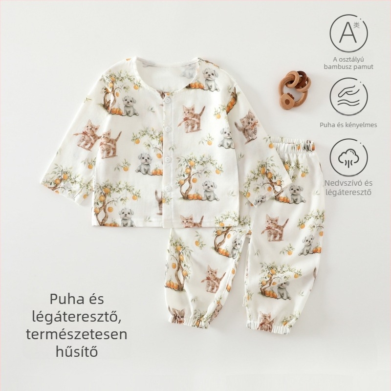 Baba nyári vékony bambusz rostból készült két részes készlet – pizsama és otthoni viselet, uniszex, aranyos mintával