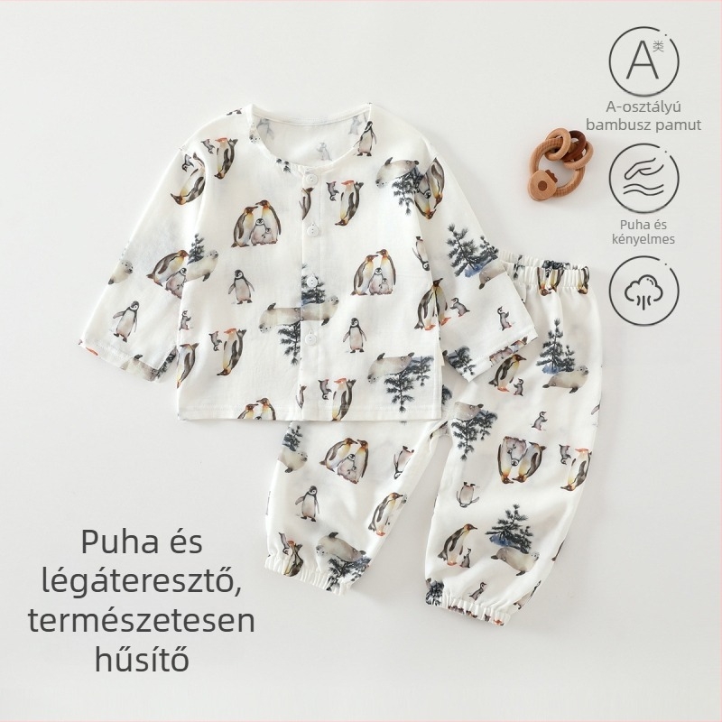 Baba nyári vékony bambusz rostból készült két részes készlet – pizsama és otthoni viselet, uniszex, aranyos mintával