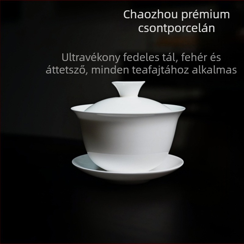 Csontporcelán gaiwan fedővel, vékony test, Gongfu teáskészlet Chaozhou, fehér porcelán tea tál és csésze, luxus ajándék, háromrészes fedél