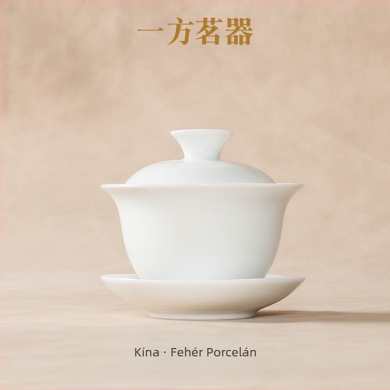 Kis fehér porcelán gaiwan teás mestereknek, háromrészes Kung Fu teáskészlet