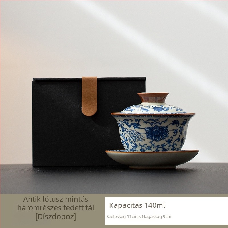 Kék-fehér Ru-kiln fedeles tál teázáshoz, kiváló minőségű kerámia, lebegőfedővel