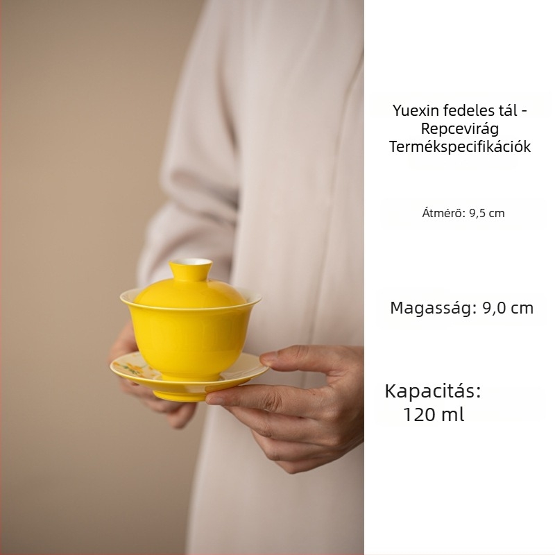 Kézzel festett repcevirág gaiwan kerámia teáskészlet aláglazúrral, élénk sárga, modern minimalist stílus, három darabból álló