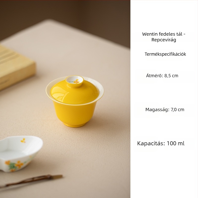 Kézzel festett repcevirág gaiwan kerámia teáskészlet aláglazúrral, élénk sárga, modern minimalist stílus, három darabból álló