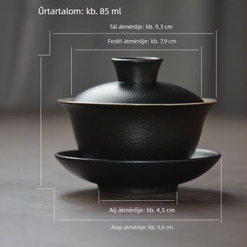 Fekete kerámia teás tál fedővel, kompakt méretű, 85 ml, Kung Fu tea szertartáshoz