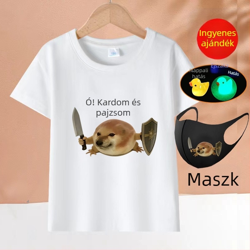 2026-os pamut rövid ujjú póló Shiba Inu-val, vicces absztrakt emojikkal, gyerekeknek