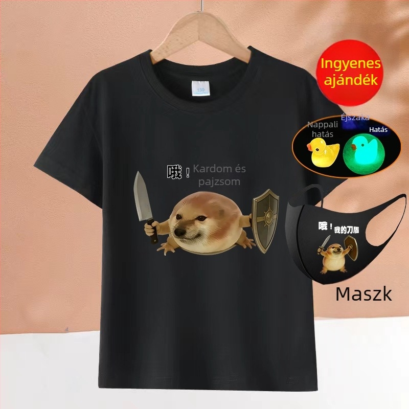 2026-os pamut rövid ujjú póló Shiba Inu-val, vicces absztrakt emojikkal, gyerekeknek