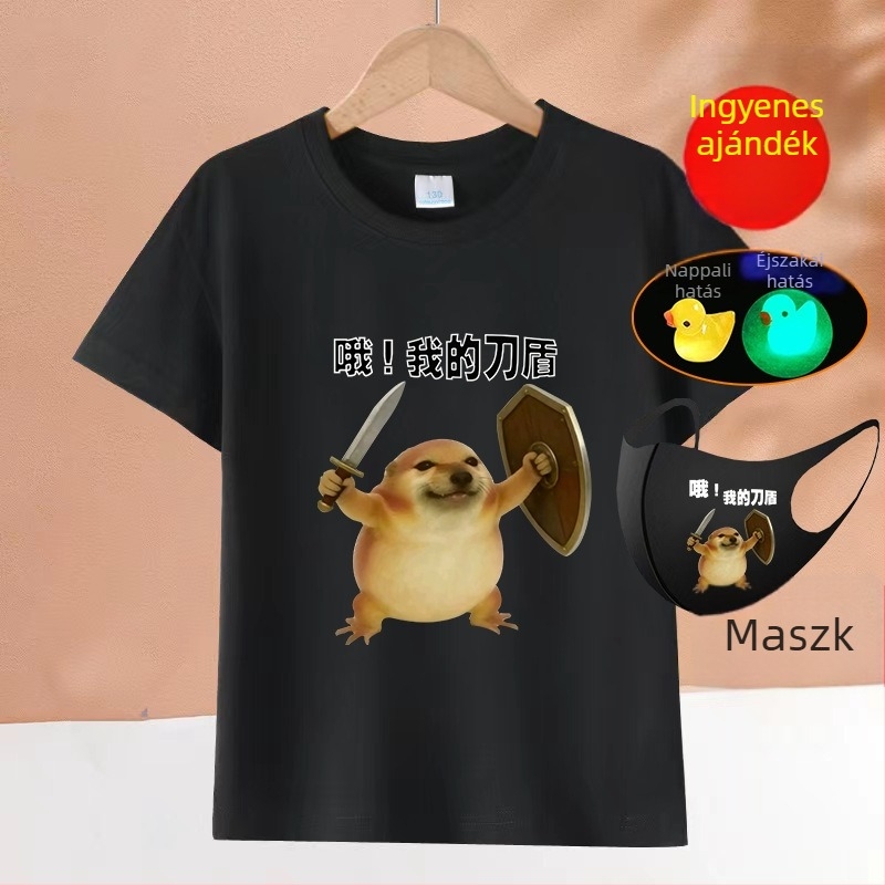 2026-os pamut rövid ujjú póló Shiba Inu-val, vicces absztrakt emojikkal, gyerekeknek