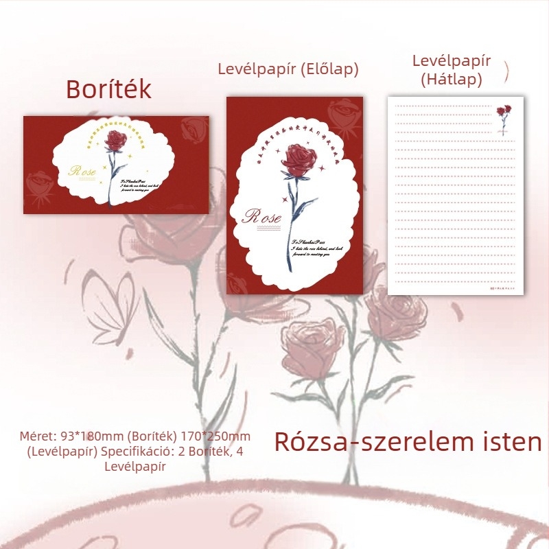 Rózsa motívumú boríték- és levélpapír készlet kézzel írt szerelmes levelekhez