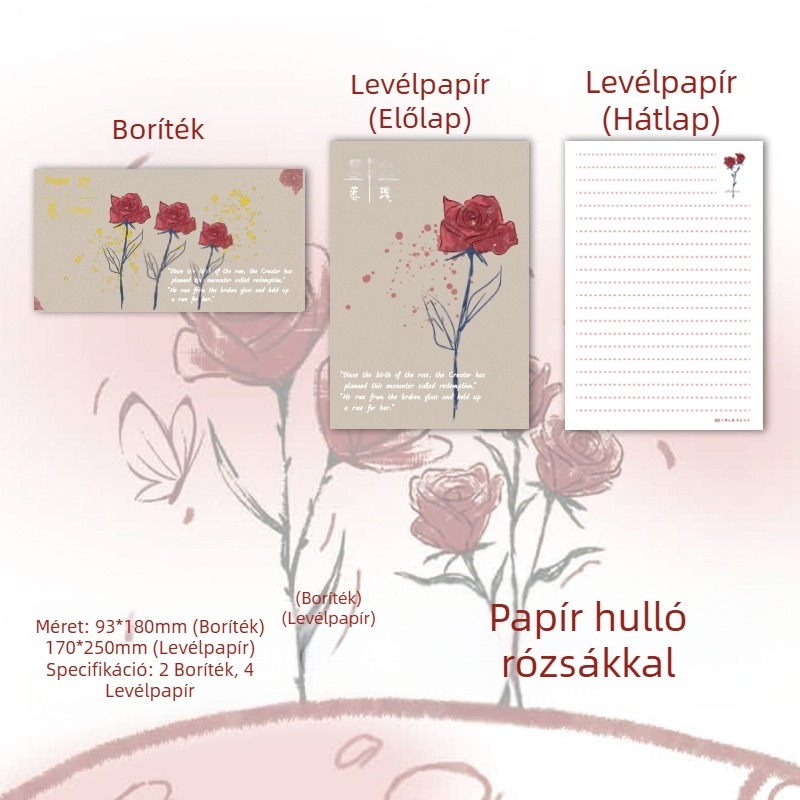 Rózsa motívumú boríték- és levélpapír készlet kézzel írt szerelmes levelekhez