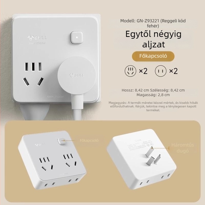 Bull márkájú konnektor USB-portokkal, többsportos adapter, 2- vagy 3-tűs dugaszoló, modell 9333 vezeték nélküli