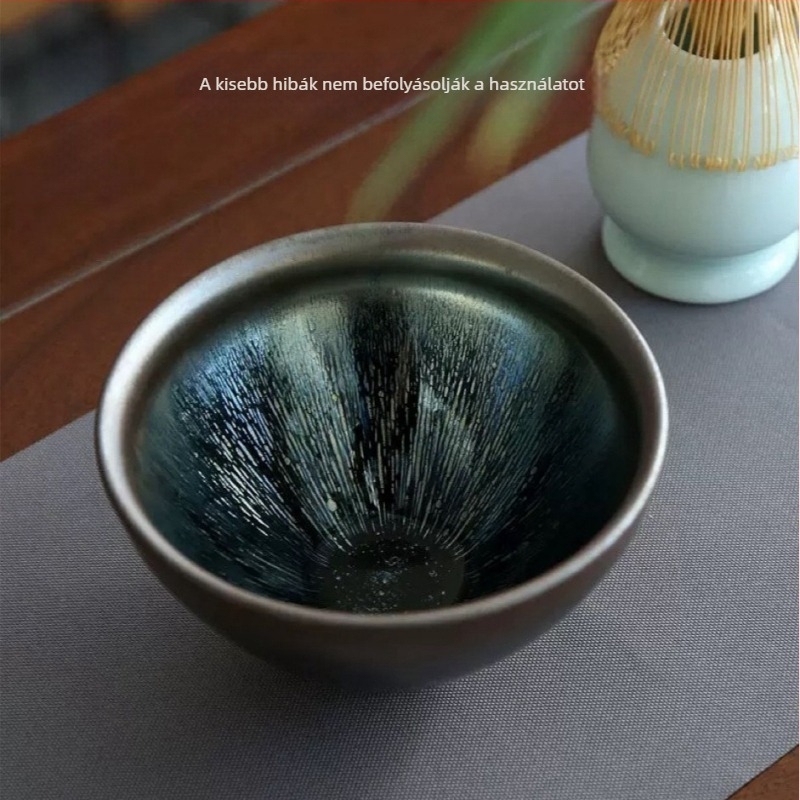 Jian Kiln teáscsésze olajcsepp mázzal, nagy méretű, 12,5 cm, aranyszálas és lógó tök dizájn