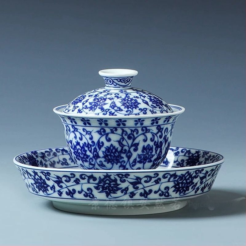 Kék-fehér porcelán gaiwan, kínai stílusú háromrészes fedeles teás tál, háztartási kerámia