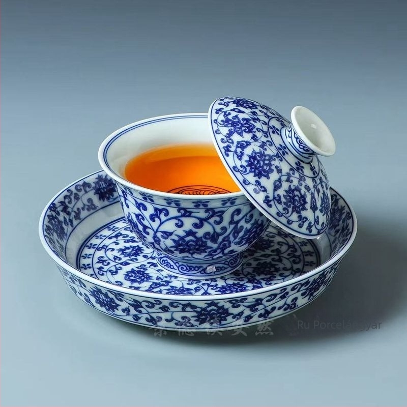 Kék-fehér porcelán gaiwan, kínai stílusú háromrészes fedeles teás tál, háztartási kerámia