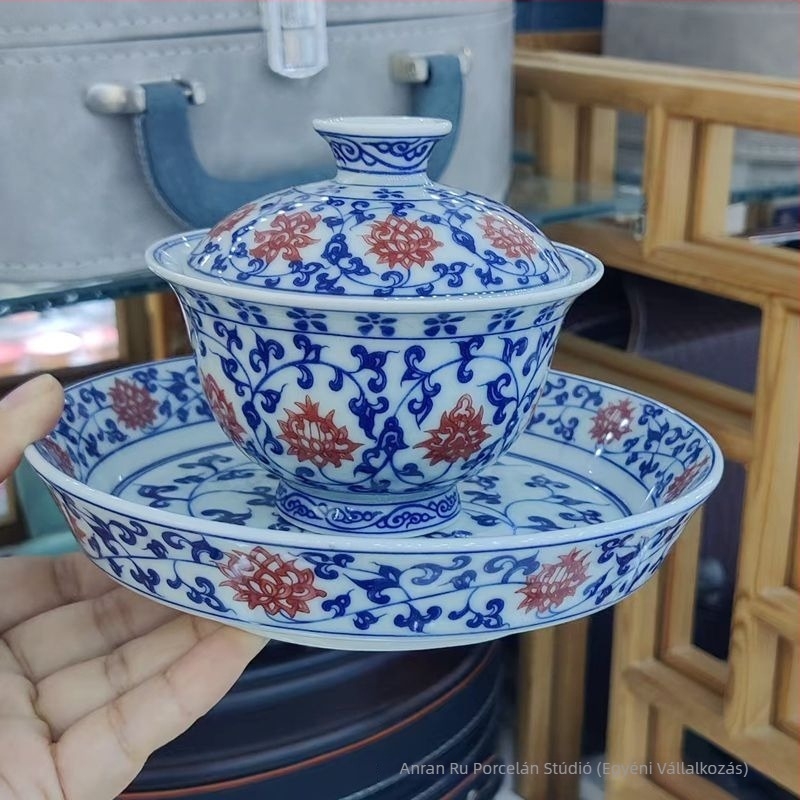Kék-fehér porcelán gaiwan, kínai stílusú háromrészes fedeles teás tál, háztartási kerámia