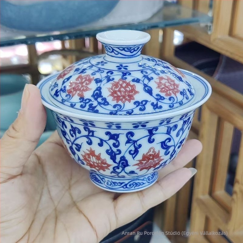 Kék-fehér porcelán gaiwan, kínai stílusú háromrészes fedeles teás tál, háztartási kerámia
