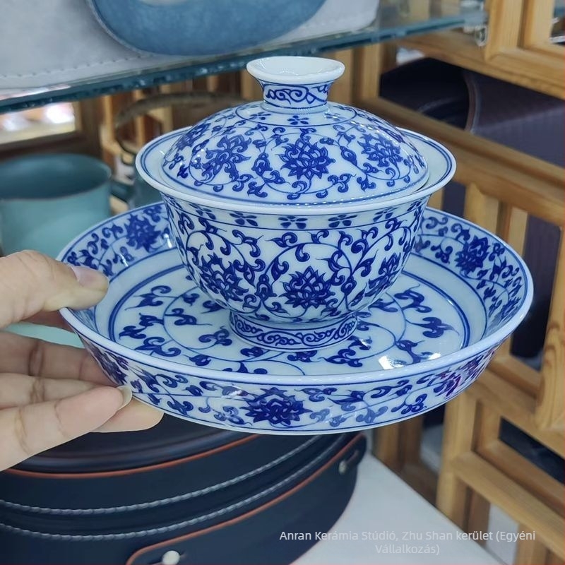 Kék-fehér porcelán gaiwan, kínai stílusú háromrészes fedeles teás tál, háztartási kerámia