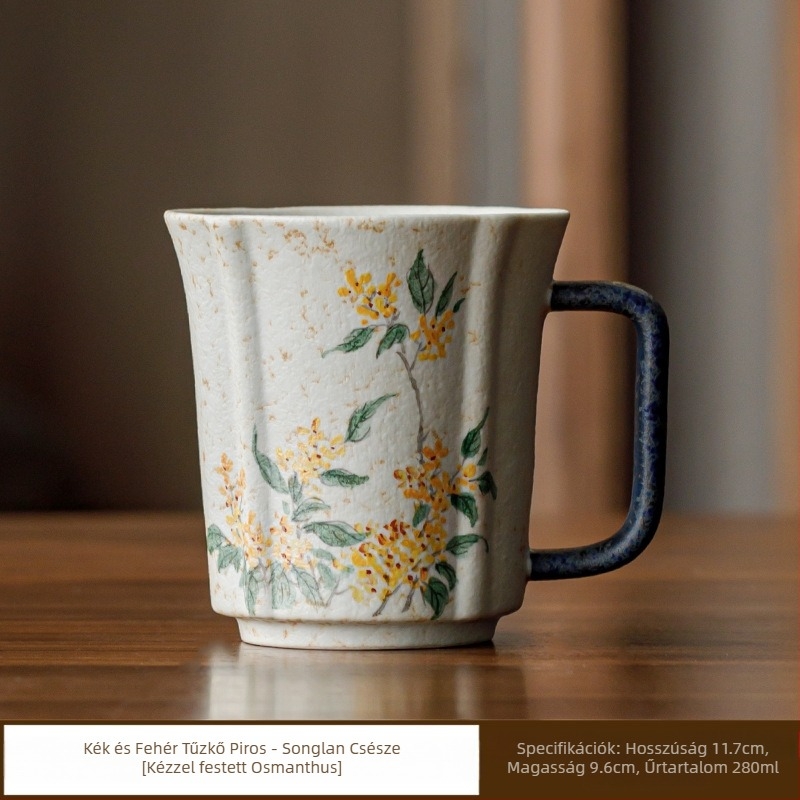 Kék-fehér porceláncsésze piros kézzel festett Osmanthus motívummal, kerámia pohár otthoni, kávé- és irodai használatra