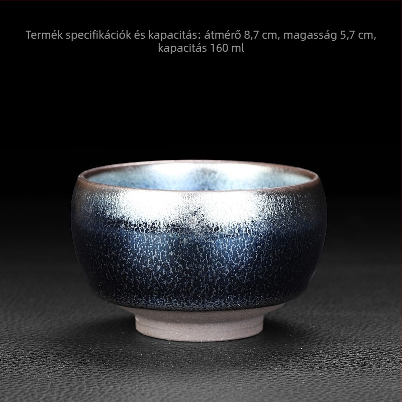 Jian Zhan teáscsésze vasból készült testtel, kék sárkány pikkelyes mintával, olajcsepp glazúrral — Kung Fu kóstoló teáscsésze