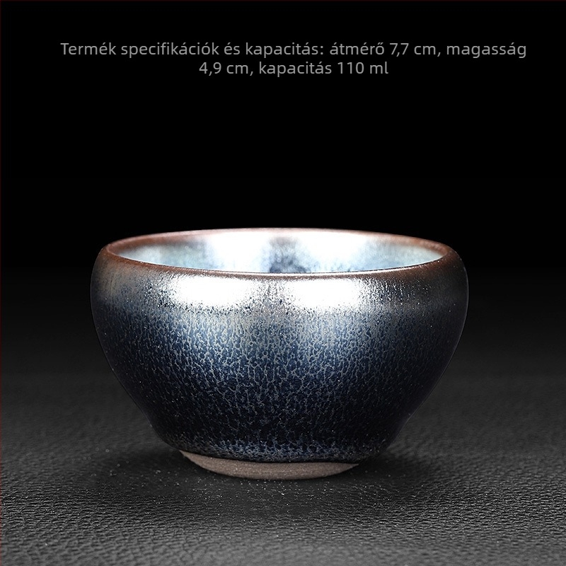 Jian Zhan teáscsésze vasból készült testtel, kék sárkány pikkelyes mintával, olajcsepp glazúrral — Kung Fu kóstoló teáscsésze