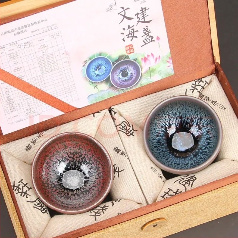Wenhai Jianyang teáscsésze pár ajándékdobozban – retro fazán mintás olajcsepp Tianmu máz, kézzel készített