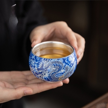 Sárkány és Főnix Mester teáscsésze, kézzel készített kerámia, kung fu tea, ezüst szín 999