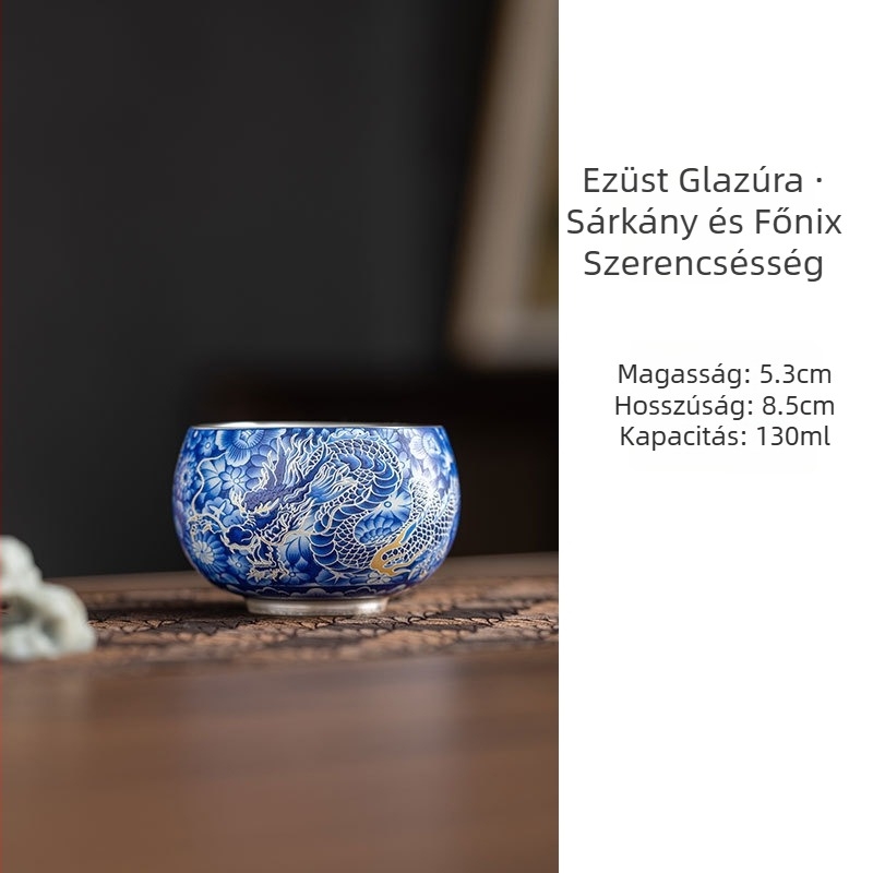 Sárkány és Főnix Mester teáscsésze, kézzel készített kerámia, kung fu tea, ezüst szín 999